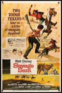 3s704 SAVAGE SAM 1sh '63 Disney, art of boy & dog fighting Native American, Old Yeller sequel!