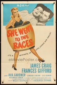 3s734 SHE WENT TO THE RACES 1sh '45 James Craig, sexy Ava Gardner, horse race betting!