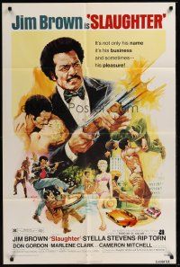 3s759 SLAUGHTER 1sh '72 AIP, G. Akimoto artwork of shotgun-blasting Jim Brown & sexy girl!