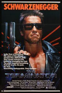 3s866 TERMINATOR 1sh '84 super close up of most classic cyborg Arnold Schwarzenegger with gun!