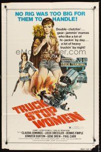 3s905 TRUCK STOP WOMEN 1sh '74 no rig was too big for sexy Claudia Jennings, Smith art!