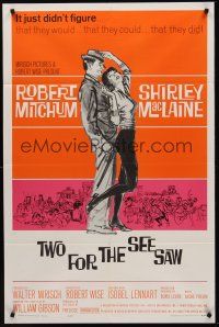 3s911 TWO FOR THE SEESAW 1sh '62 art of Robert Mitchum & sexy beatnik Shirley MacLaine!