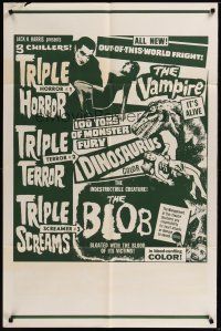 3s924 VAMPIRE/DINOSAURUS/BLOB 1sh '71 B movie chiller horror triple bill!