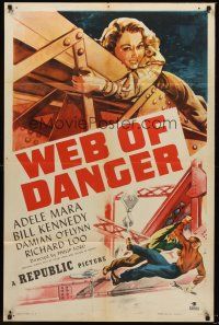 3s950 WEB OF DANGER 1sh '47 cool art of sexy Adele Mara in trouble high up in the sky!