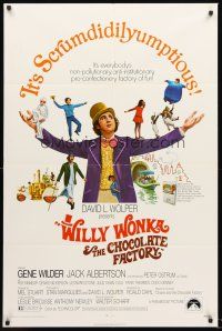 3s980 WILLY WONKA & THE CHOCOLATE FACTORY 1sh '71 Gene Wilder, it's scrumdidilyumptious!