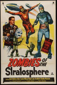 3s999 ZOMBIES OF THE STRATOSPHERE 1sh '52 Republic serial, great art of aliens with guns!