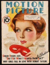 3w088 MOTION PICTURE magazine August 1936 wonderful art of Katharine Hepburn by Charles Sheldon!