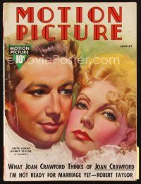 3w093 MOTION PICTURE magazine January 1937 art of Greta Garbo & Robert Taylor by Zoe Mozert!