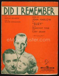 3w267 SUZY sheet music '36 sexy Jean Harlow, Cary Grant & Franchot Tone, Did I Remember!
