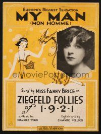 3w277 ZIEGFELD FOLLIES 1921 stage play sheet music '21 photo & art of pretty Fanny Brice, My Man