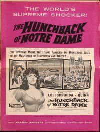3w320 HUNCHBACK OF NOTRE DAME pressbook '57 Anthony Quinn as Quasimodo, sexy Gina Lollobrigida!