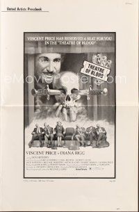 3w386 THEATRE OF BLOOD pressbook '73 Vincent Price holding bloody skull w/dead audience!