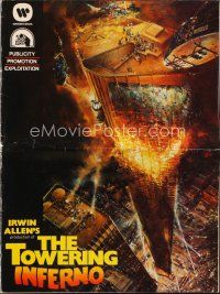 3w397 TOWERING INFERNO pressbook '74 Steve McQueen, Paul Newman, art of the burning building!