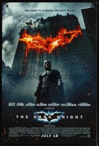 3y216 DARK KNIGHT advance DS 1sh '08 Christian Bale as Batman in front of flaming building!