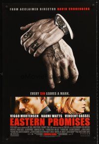 3y276 EASTERN PROMISES advance DS 1sh '07 Cronenberg, Mortensen, cool image of tattooed hands!