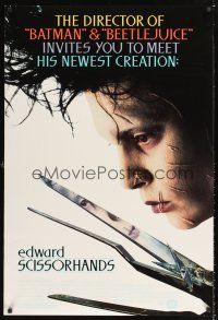 3y281 EDWARD SCISSORHANDS DS 1sh '90 Tim Burton classic, best close up of scarred Johnny Depp!