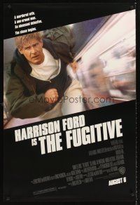 3y371 FUGITIVE advance 1sh '93 Harrison Ford is on the run from an obsessed detective!