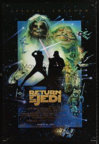 3y692 RETURN OF THE JEDI style E advance 1sh R97 George Lucas classic, cool art by Drew Struzan!