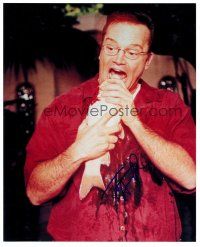 3z581 TOM ARNOLD signed color 8x10 REPRO still '02 wacky c/u putting a whole fish in his mouth!