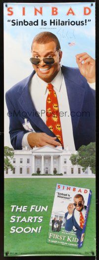 3z319 FIRST KID signed 26x62 video poster '96 by Sinbad, who is looming over the White House!