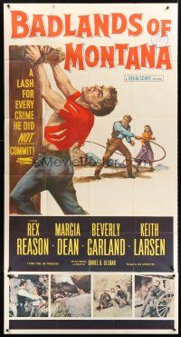 4a366 BADLANDS OF MONTANA 3sh '57 artwork of Rex Reason whipped for crimes he did not commit!
