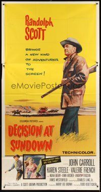 4a388 DECISION AT SUNDOWN 3sh '57 full-length Randolph Scott w/rifle, directed by Budd Boetticher!