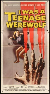 4a416 I WAS A TEENAGE WEREWOLF 3sh '57 AIP classic, great artwork of monster attacking sexy babe!