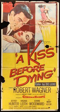 4a421 KISS BEFORE DYING 3sh '56 great close up art of Robert Wagner & Joanne Woodward!