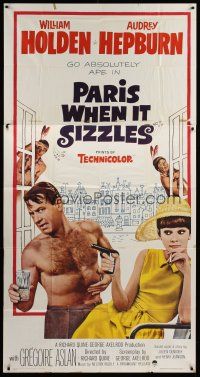 4a446 PARIS WHEN IT SIZZLES 3sh '64 Audrey Hepburn with gun & barechested William Holden in France!