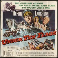 4a654 UNDER TEN FLAGS 6sh '60 art of Van Heflin, Charles Laughton & sexy Mylene Demongeot!