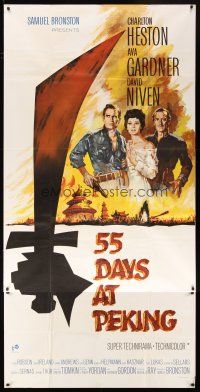 4a002 55 DAYS AT PEKING English 3sh '63 art of Charlton Heston,Ava Gardner & David Niven by Terpning