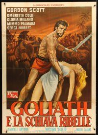 4a246 GOLIATH & THE REBEL SLAVE Italian 1p '63 art of barechested Gordon Scott holding sexy girl!