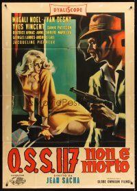 4a295 OSS 117 IS NOT DEAD Italian 1p '57 Sandro Symeoni art of sexy blonde + smoking guy with gun!