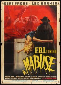 4a313 RETURN OF DR MABUSE Italian 1p '62 Froebe, cool art of cloaked figure carrying sexy girl!