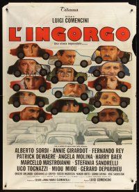 4a341 TRAFFIC JAM Italian 1p '81 L'Ingorgo - Una storia impossibile, Alberto Sordi, cool car art!