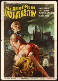 4a151 HORROR OF FRANKENSTEIN Italian 2p '72 Hammer, different Crovato art of monster & sexy girl!