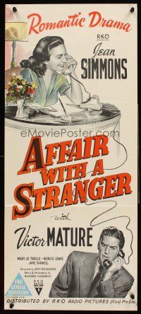 4b126 AFFAIR WITH A STRANGER Aust daybill '53 stone litho of Jean Simmons & Victor Mature!