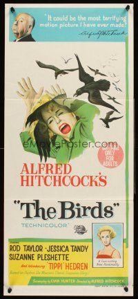4b145 BIRDS Aust daybill '63 Alfred Hitchcock, stone litho art of Tippi Hedren attacked by birds!