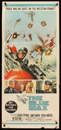 4b146 BLUE MAX Aust daybill '66 great artwork of WWI fighter pilot George Peppard in airplane!