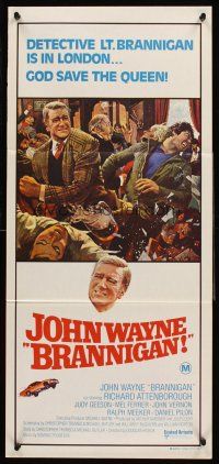 4b147 BRANNIGAN Aust daybill '75 great Robert McGinnis art of fighting John Wayne in England!