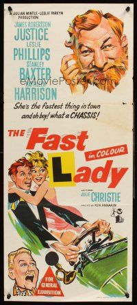 4b213 FAST LADY Aust daybill '62 James Robertson Justice, different stone litho car racing art!