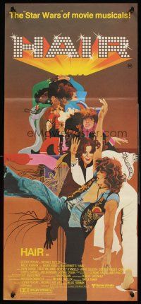 4b246 HAIR Aust daybill '79 Milos Forman, Treat Williams, musical, great Bob Peak artwork!