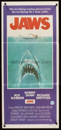 4b266 JAWS Aust daybill '81 art of Spielberg's classic man-eating shark attacking sexy swimmer!