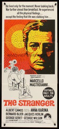 4b402 STRANGER Aust daybill '68 Luchino Visconti's Lo Straniero, cool mosaic art of Mastroianni!