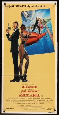 4b445 VIEW TO A KILL Aust daybill '85 art of Roger Moore James Bond & Grace Jones by Goozee!