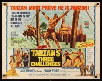 4d414 TARZAN'S THREE CHALLENGES 1/2sh '63 Edgar Rice Burroughs, artwork of bound Jock Mahoney!