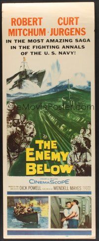 4e217 ENEMY BELOW insert '57 Robert Mitchum & Curt Jurgens in the amazing saga of the U.S. Navy!