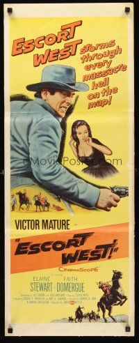 4e222 ESCORT WEST insert '59 close up art of cowboy Victor Mature with gun & Elaine Stewart!