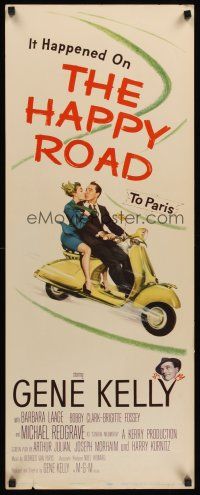 4e314 HAPPY ROAD insert '57 romantic art of Gene Kelly & Barbara Laage riding & kissing on Vespa!
