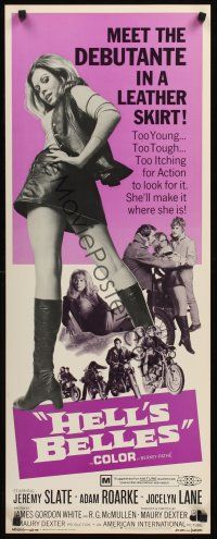 4e332 HELL'S BELLES insert '69 sexy too young too tough biker babe in leather skirt!